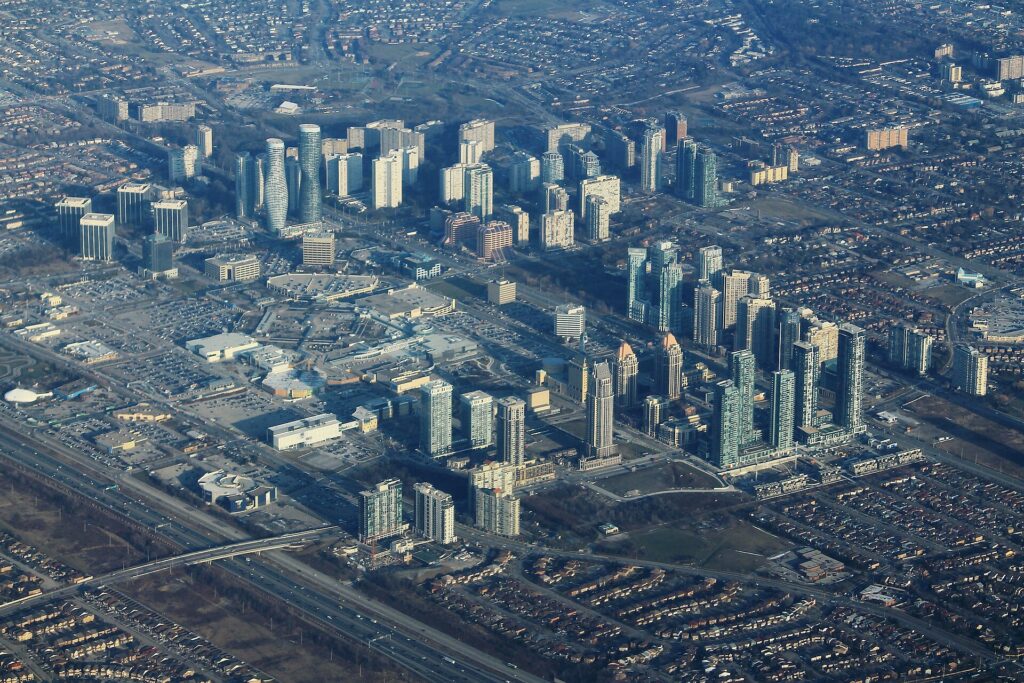 Aerial view of high-rise condo towers around Square One Shopping Centre, Mississauga