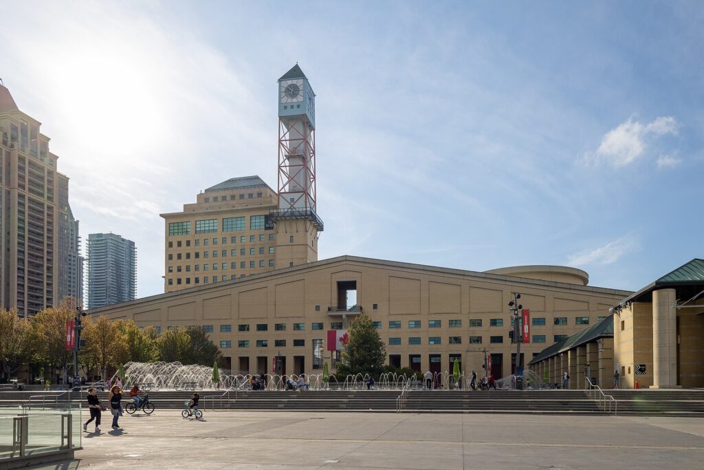 Mississauga Civic Centre and clock tower seen from Celebration Square