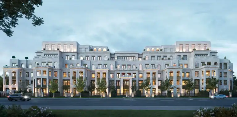 2 Post Road by North Drive – front elevation rendering at dusk